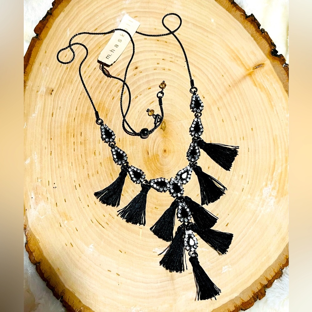 M Haskell black rhinestone and tassel necklace NWT